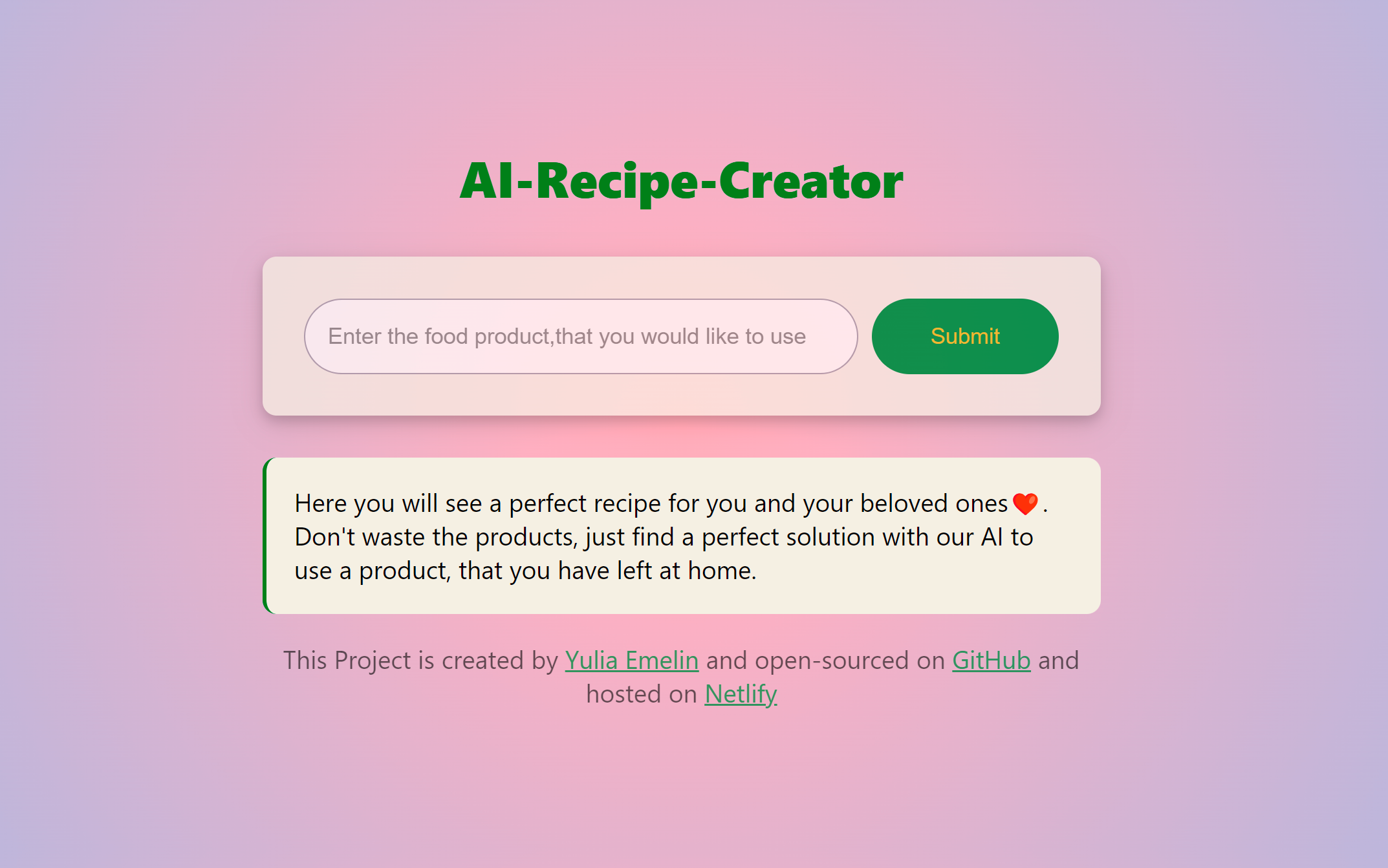 image of a project - AI-Recipe-Generator